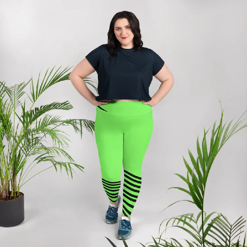 Neon Green Plus Size Tights, Best Black Diagonal Stripe Women's Elastic Plus Size Leggings - Made in USA/EU/MX Fashionable Printed Leggings