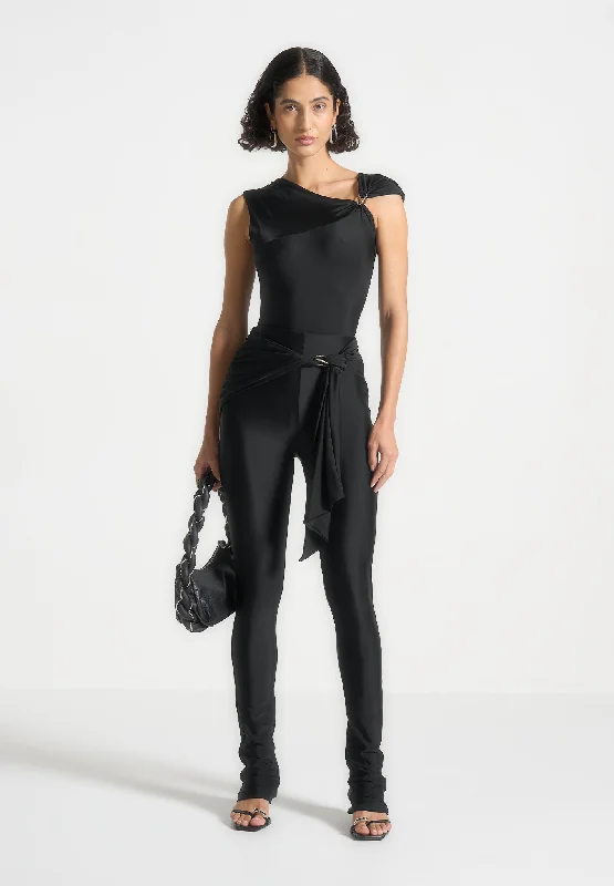 Draped Hardware Detail Leggings - Black Trendy Cold Weather Tights