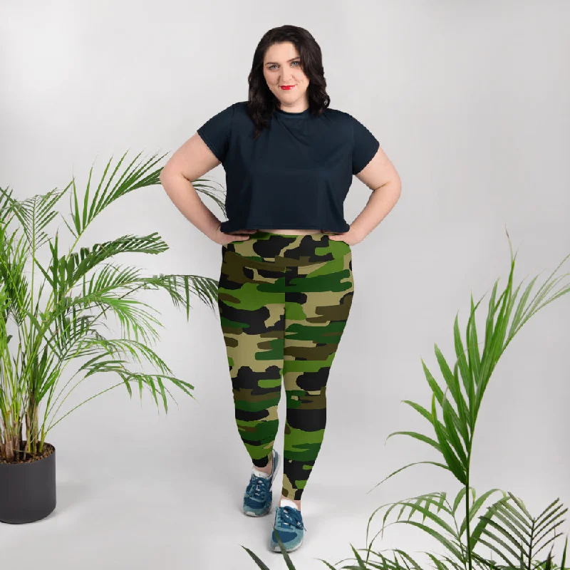 Green Military Camo Long Tights, Camouflage Print Women's Plus Size Leggings (US Size: 2XL-6XL) Fashionable Lacy Detail Leggings