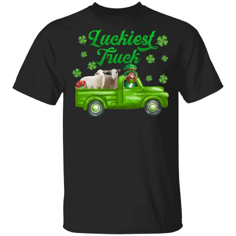 Luckiest Truck Leprechaun Riding Farmer Rancher Sheep Lover Shamrock St Patrick's Day Mom Dad Grandma Grandpa St Patty's Day Gifts T-Shirt Welt Pockets Slit Pockets