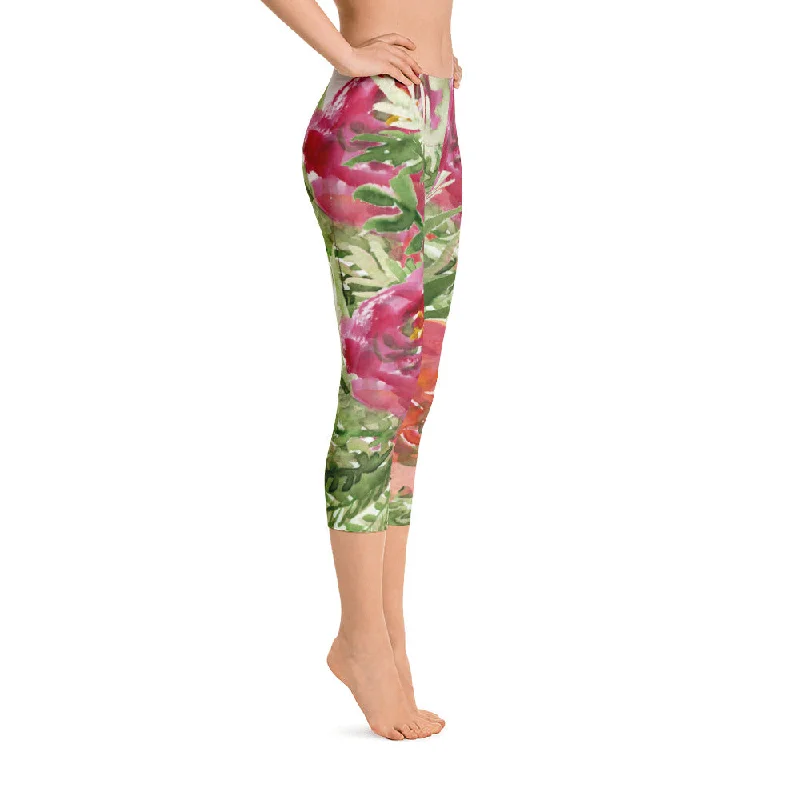 Orange Red Rose Capris Tights, Floral Print Designer Capri Leggings Casual Outfit - Made in USA Cozy Reflective Detail Leggings