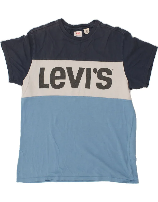 LEVI'S Mens Graphic T-Shirt Top Large Blue Colourblock Cotton Front Pockets Side Pockets Patch Pockets