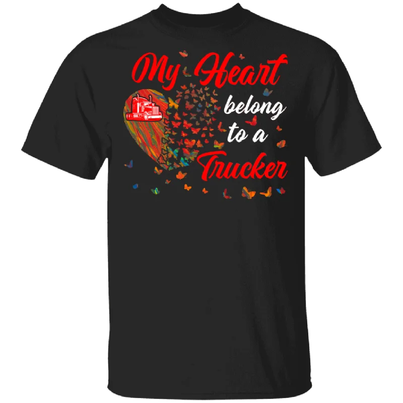 My Hearts Belong To A Trucker Truck Driver Matching Shirts For Couples Valentine Funny Couple Girls Women Gifts T-Shirt Denim Fabric Leather Fabric Suede Fabric