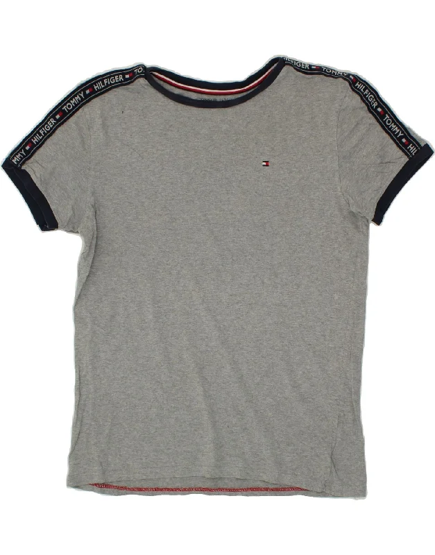 TOMMY HILFIGER Mens Graphic T-Shirt Top Large Grey Colourblock Rayon Velvet Corduroy