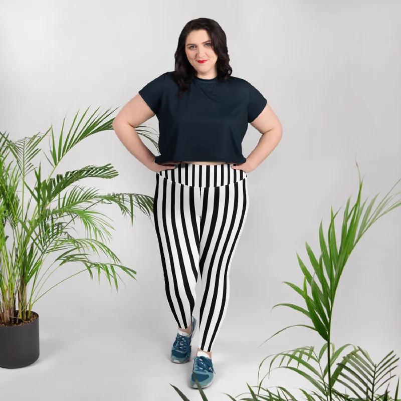 Long Striped Plus Size Tights, Best White and Black Vertical Stripe Print Women's Plus Size Leggings- Made in USA Comfortable Fleece-Lined Leggings