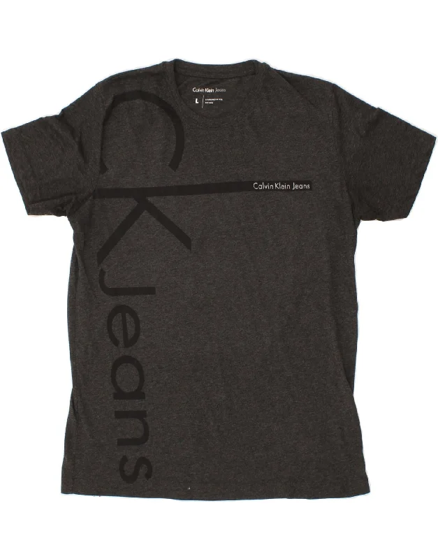 CALVIN KLEIN JEANS Mens Graphic T-Shirt Top Large Grey Beaded Sequined Faux Fur