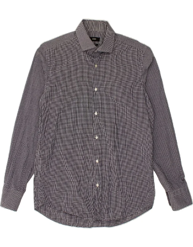 HUGO BOSS Mens Shirt Size 39 15 1/2 Medium Navy Blue Houndstooth Fashionable Trendy Casual
