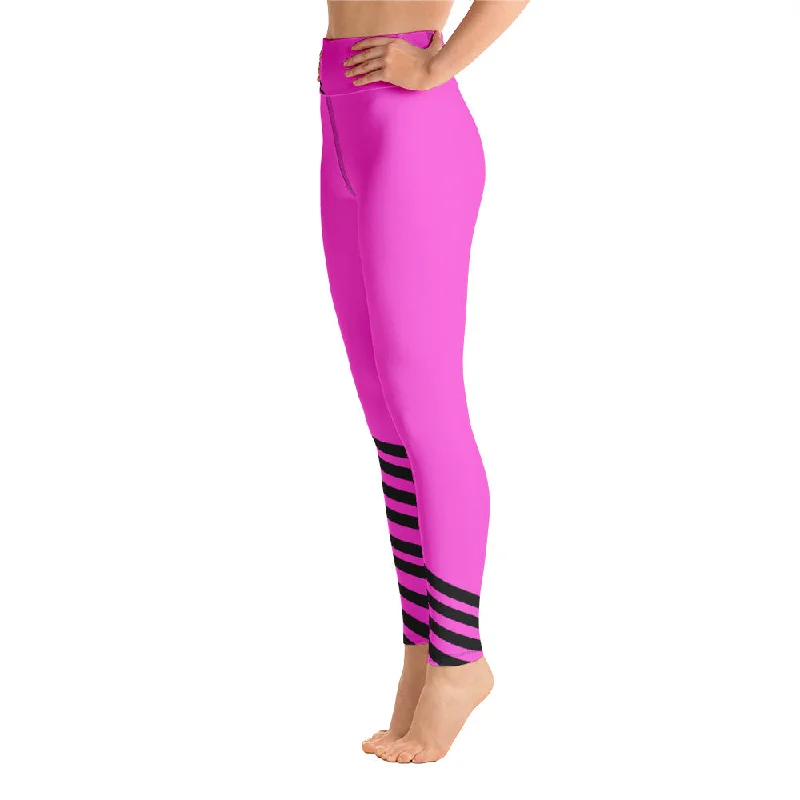 Pink Black Striped Leggings, Diagonal Striped Yoga Leggings, Long Pants Tights-Made in USA Stylish Printed Stretch Leggings