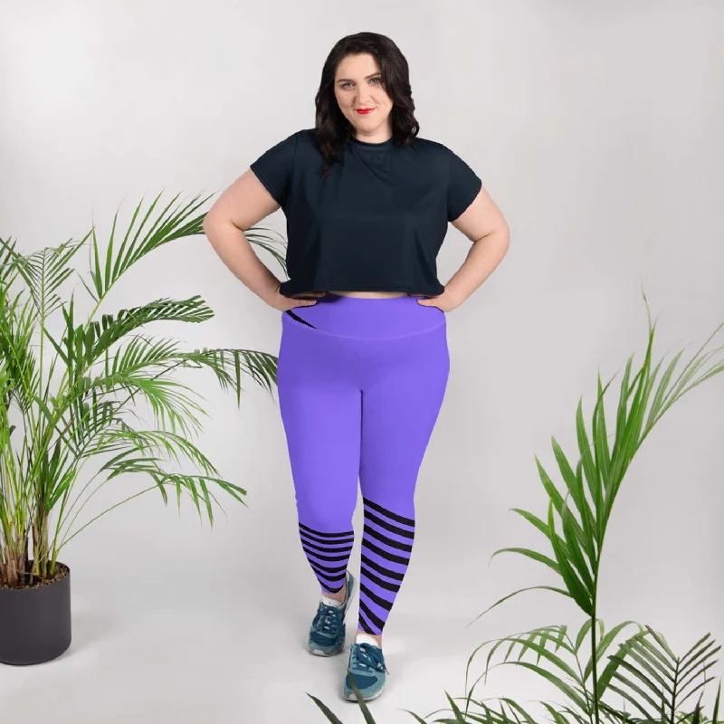 Purple & Black Plus Size Tights, Unique Diagonal Stripe Print Plus Size Women's Leggings - Made in USA Stylish Ankle-Length Leggings