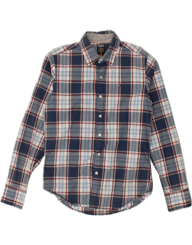 TOMMY HILFIGER Mens Shirt Small Navy Blue Check Cotton Iron Safe Non-Iron Wrinkle Free