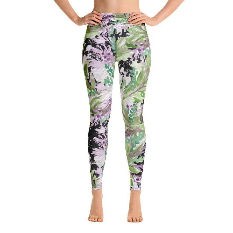 French Lavender Floral Leggings, Purple Long Yoga Running Gym Tights-Made in USA/EU Trendy Ombre Effect Leggings