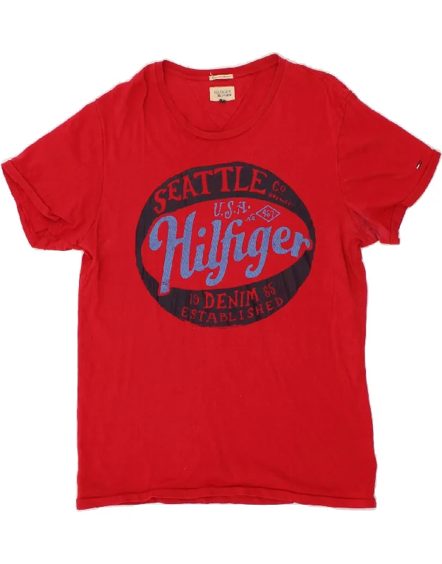 TOMMY HILFIGER Mens Graphic T-Shirt Top Large Red Cotton Zippered Buttoned Snapped
