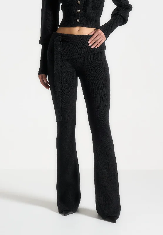 Knitted Fit & Flare Leggings with Belt - Black Comfortable Slim Fit Leggings