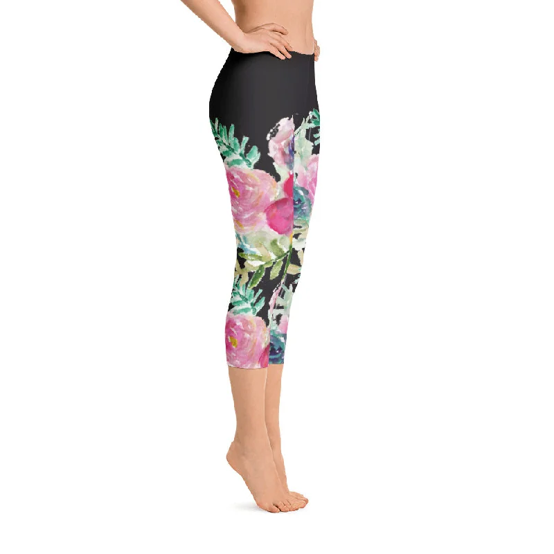 Floral Rose Pattern Capris Tights, Women's Fashion Designer Capri Leggings Tights- Made in USA Stylish Camo Print Leggings