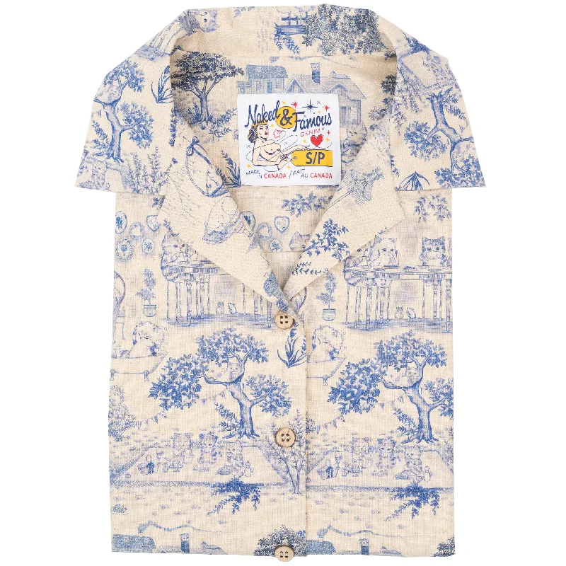 Camp Collar Shirt - Linen Cats - Blue Silk Blend Satin Velvet
