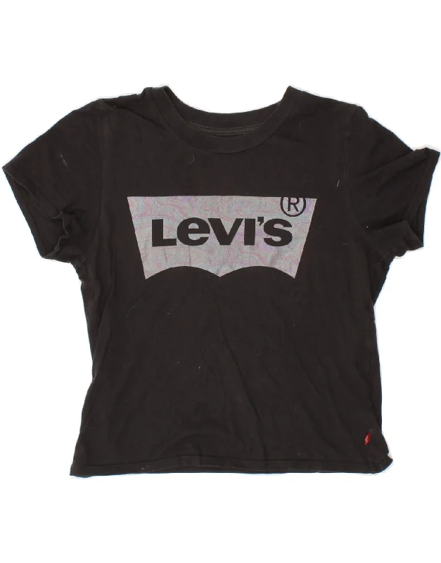 LEVI'S Womens Crop Graphic T-Shirt Top UK 6 XS Black Front Pockets Side Pockets Patch Pockets