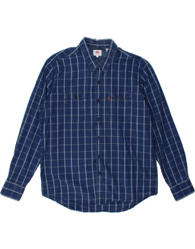 LEVI'S Mens Shirt Large Blue Check Cotton Handmade Hand-knitted Hand-woven