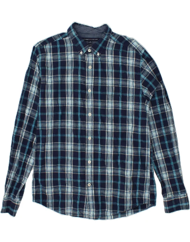 TOMMY HILFIGER Mens Custom Fit Shirt Large Navy Blue Check Cotton Rayon Velvet Corduroy