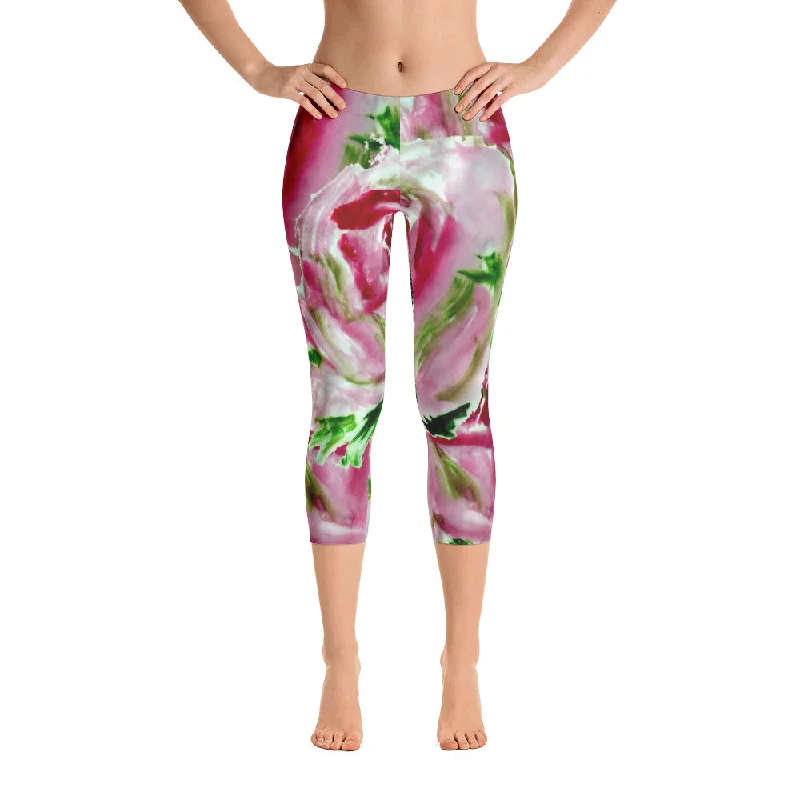 Red Rose Floral Print Leggings, Women's Designer Capri Leggings Spandex Tights- Made in USA Comfortable Bootcut Workout Leggings