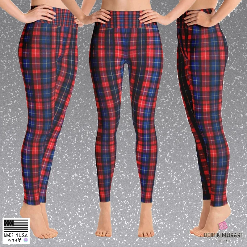 Red Plaid Women's Leggings, Tartan Print Active Wear Long Yoga Pants-Made in USA/EU Elegant Satin Finish Leggings