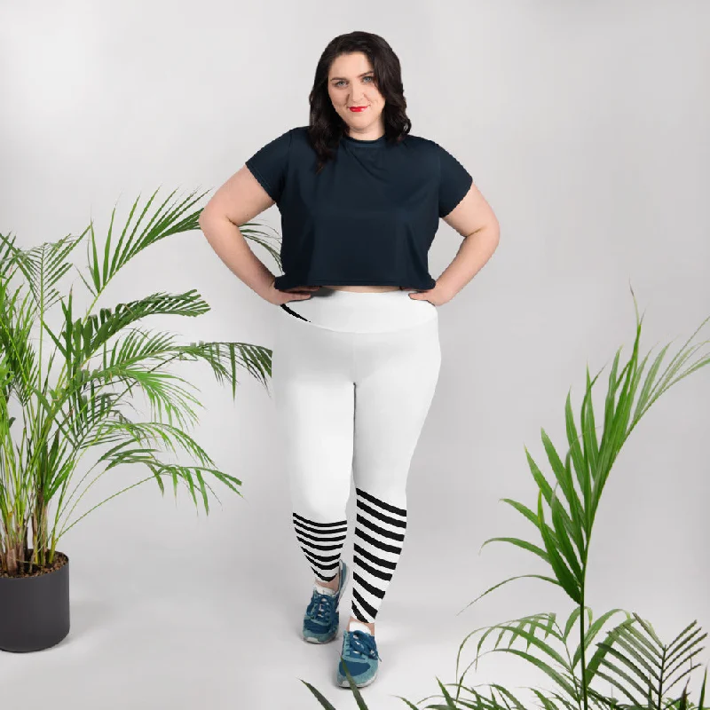 White Black Diagonal Striped Tights, Best Women's Sports Fitness Ankle Length Plus Size Leggings Cozy Cotton Leggings