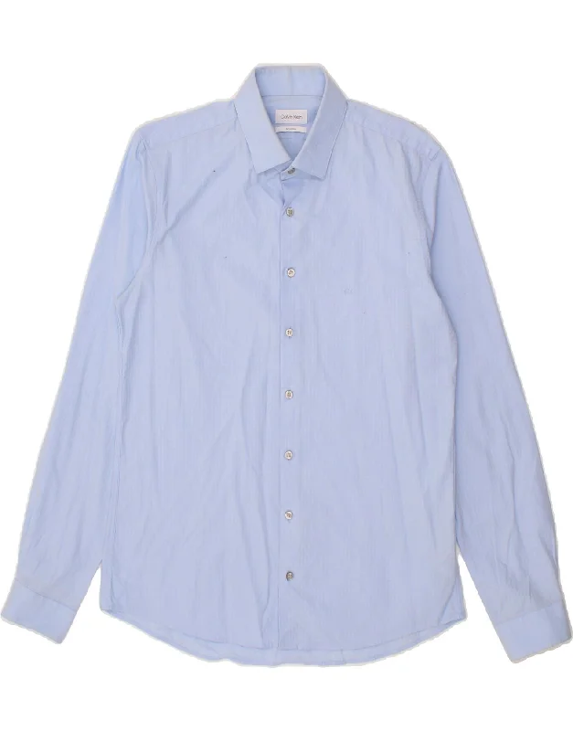 CALVIN KLEIN Mens Extra Slim Fit Shirt  Size 41 /16 Medium Blue Cotton Print Jacquard Patchwork