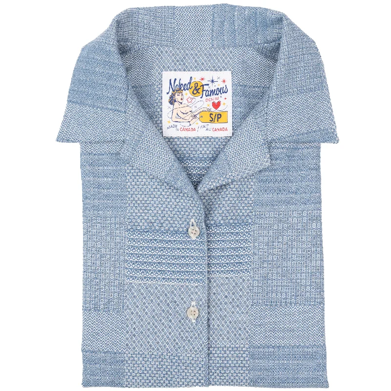 Camp Collar Shirt - Dobby Patchwork - Pale Blue Spandex Blend Rayon Blend Denim Blend
