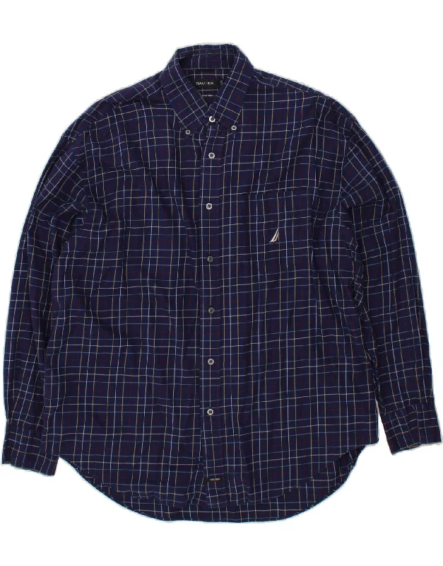 NAUTICA Mens Shirt XL Navy Blue Check Cotton Mesh Blend Leather Blend Suede Blend