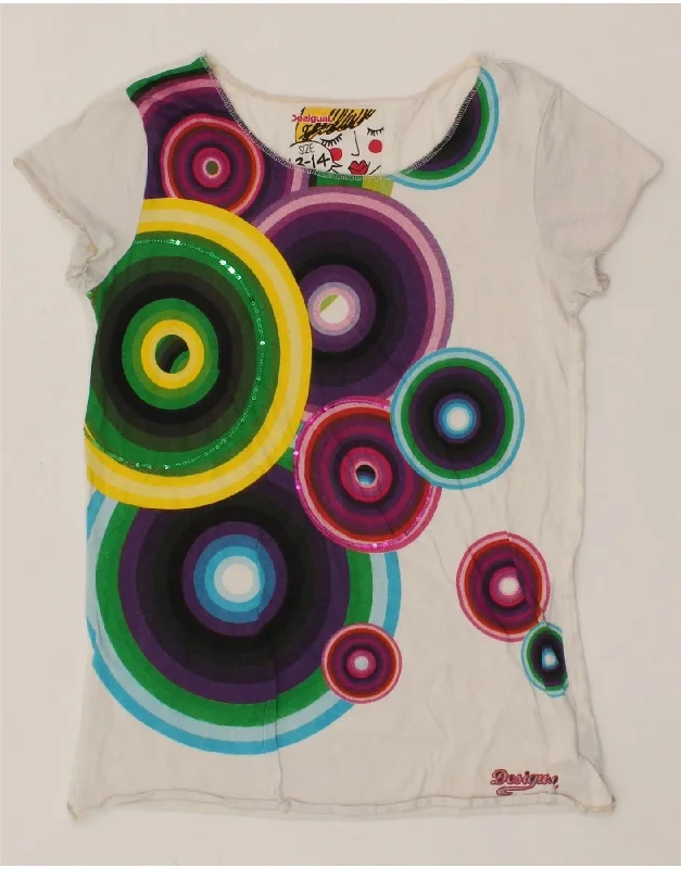 DESIGUAL Girls Graphic T-Shirt Top 13-14 Years White Geometric Cotton Fashionable Trendy Casual