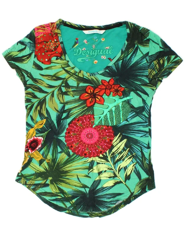 DESIGUAL Womens Graphic T-Shirt Top UK 10 Small Green Floral Viscose Machine Wash Dry Clean Hand Wash