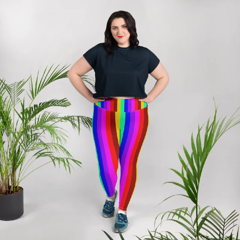 Rainbow Striped Plus Size Tights, Best Vertical Stripe Women's High Waist Ankle Length Plus Size Leggings Casual Sporty Leggings