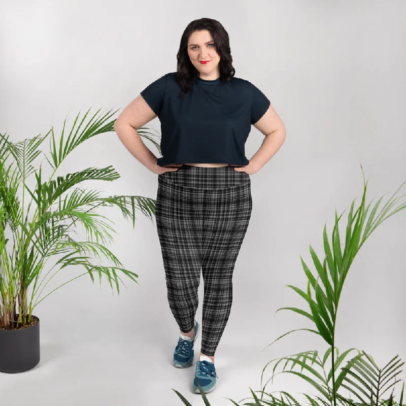 Black Plaid Plus Size Leggings, Plaid Print Women's High Rise Ankle Length Tights-Made in USA Comfortable Compression Leggings