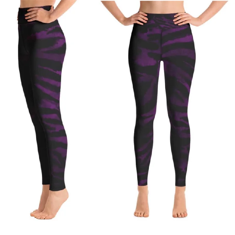 Purple Tiger Striped Women's Leggings, Animal Print Long Yoga Pants- Made in USA/EU Fashionable Solid Color Tights