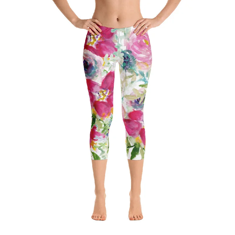 Red Rose Floral Capris Tights, Designer Capri Leggings Active Wear Outfit - Made in USA Elegant Embellished Leggings