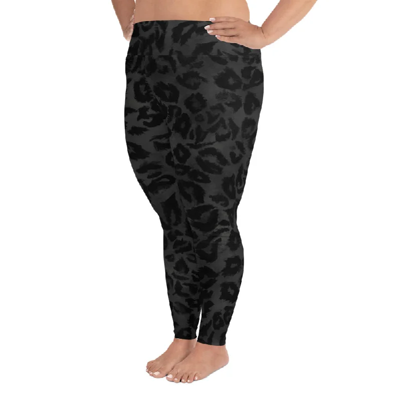 Black Leopard Women's Leggings, Plus Size, Animal Print Long Yoga Pants-Made in USA/EU Trendy Full-Length Leggings