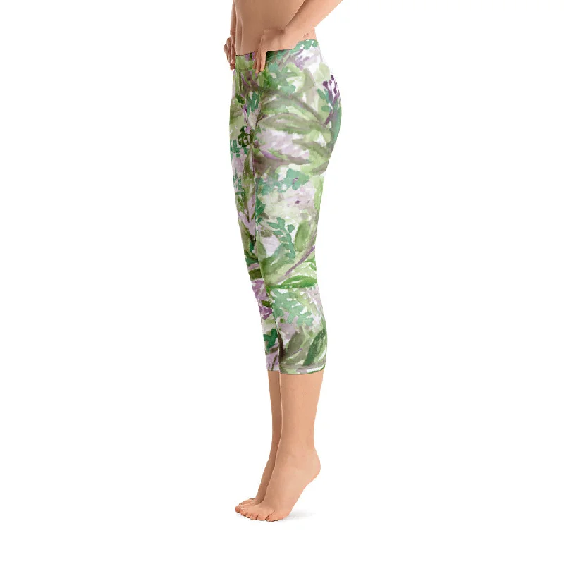 Lavender Floral Print Capri Leggings, Designer Capris Spandex Soft Tights- Made in USA/EU Comfortable Yoga Tights Leggings