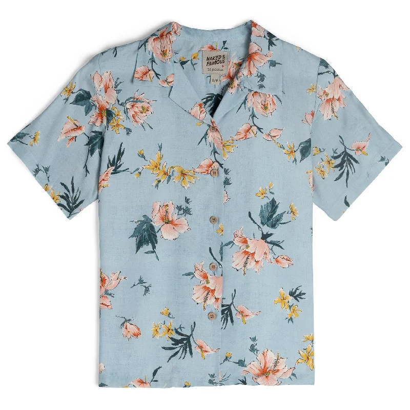 Camp Collar Shirt - Silky Flowers - Pale Blue Polka Dot Checkered Tartan