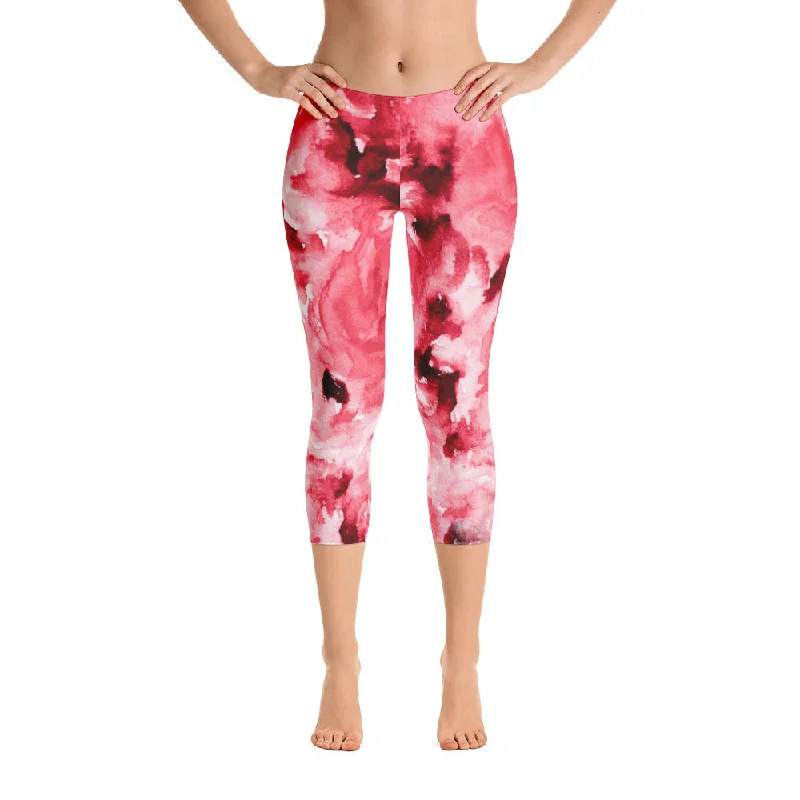 Red Rose Floral Capris Tights, Designer Capri Leggings Women's Activewear Pants - Made in USA Casual Black Leggings