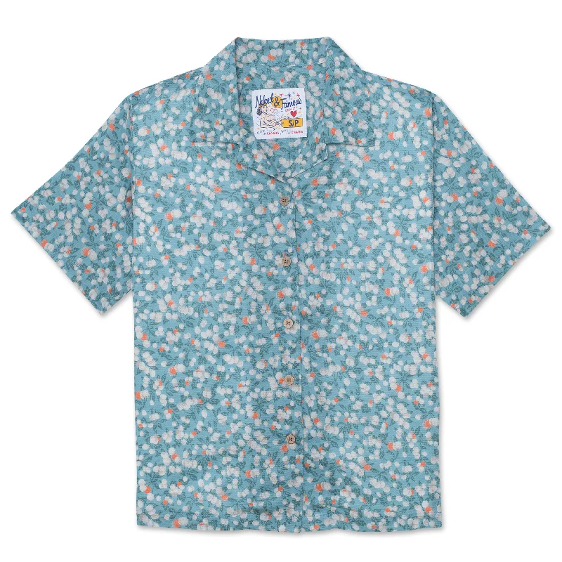 Camp Collar Shirt - Fruit Print - Cyan Hooded Caped Shawl Collar