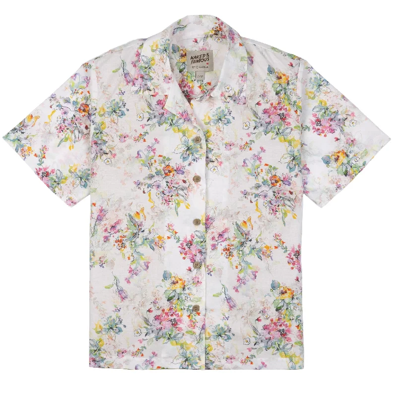 Camp Collar Shirt - Flower Painting - White Ribbed Striped Patterned