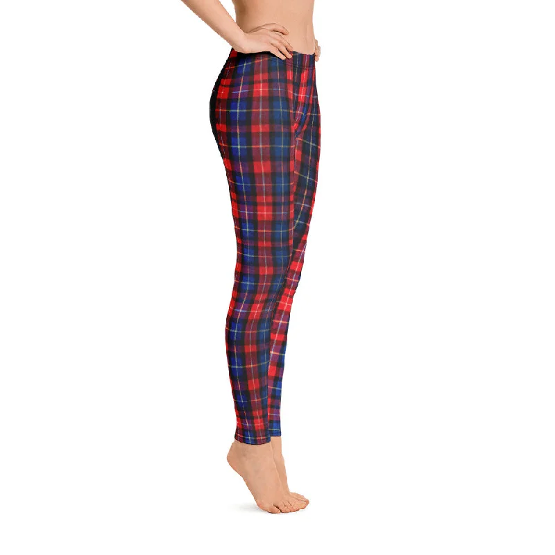 Red Plaid Print Leggings, Tartan Elastic Women's Casual Dressy Leggings-Made in USA/EU Trendy Tie-Dye Leggings