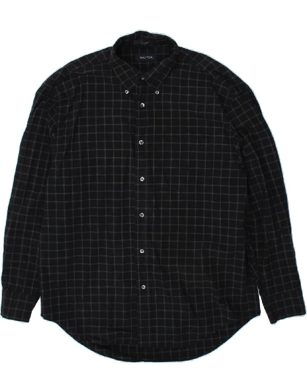 NAUTICA Mens Shirt Large Black Check Cotton Mesh Canvas Denim