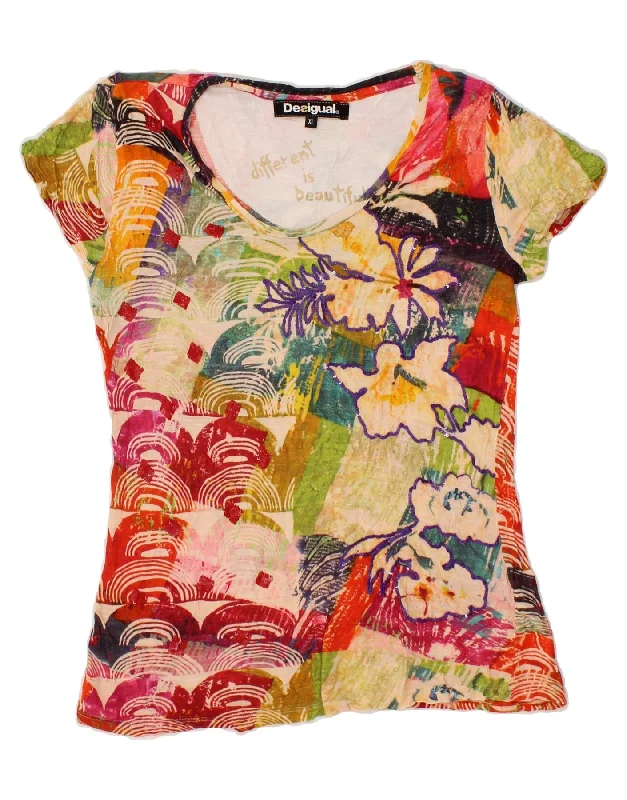 DESIGUAL Womens Graphic T-Shirt Top UK 18 XL Multicoloured Patchwork Silk Blend Satin Velvet