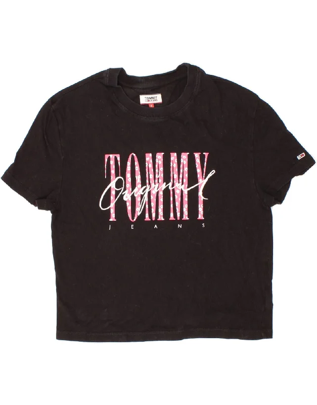 TOMMY HILFIGER Womens Crop Graphic T-Shirt Top UK 10 Small Black Cotton Chenille Blend Fleece Blend Nylon Blend