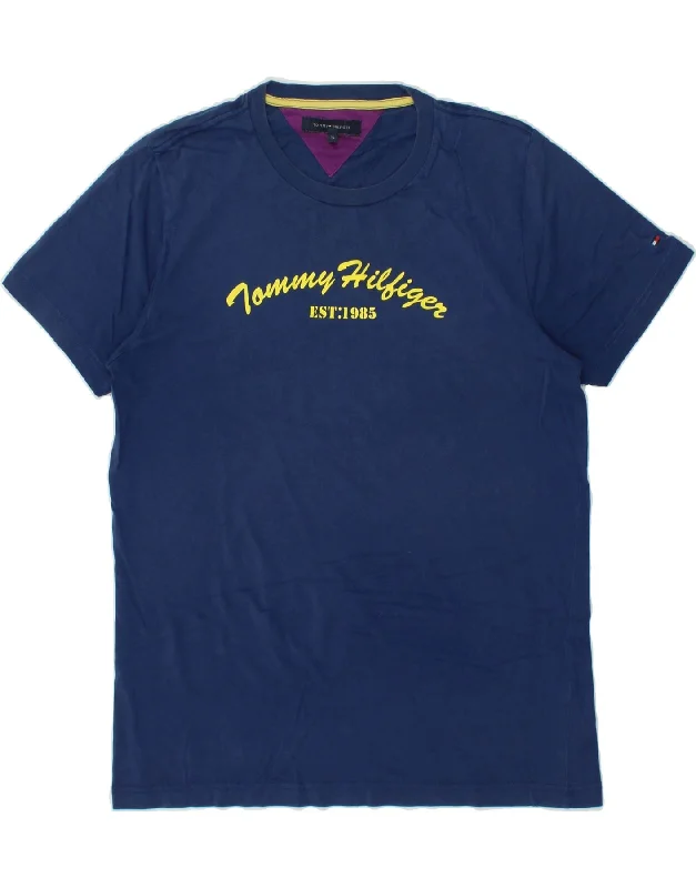 TOMMY HILFIGER Mens Graphic T-Shirt Top XL Blue Cotton Handmade Hand-knitted Hand-woven
