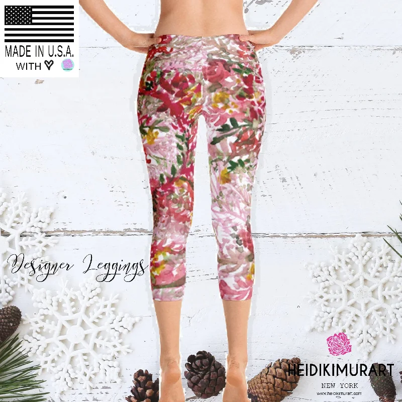 Fall Red Floral Capri Leggings, Casual Fashion Activewear - Made in USA/EU/MX (US Size: XS-XL) Cozy Full-Length Workout Leggings