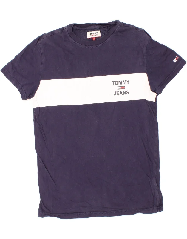 TOMMY HILFIGER Mens Graphic T-Shirt Top Small Navy Blue Colourblock Cotton Terry Blend Velvet Blend Canvas Blend