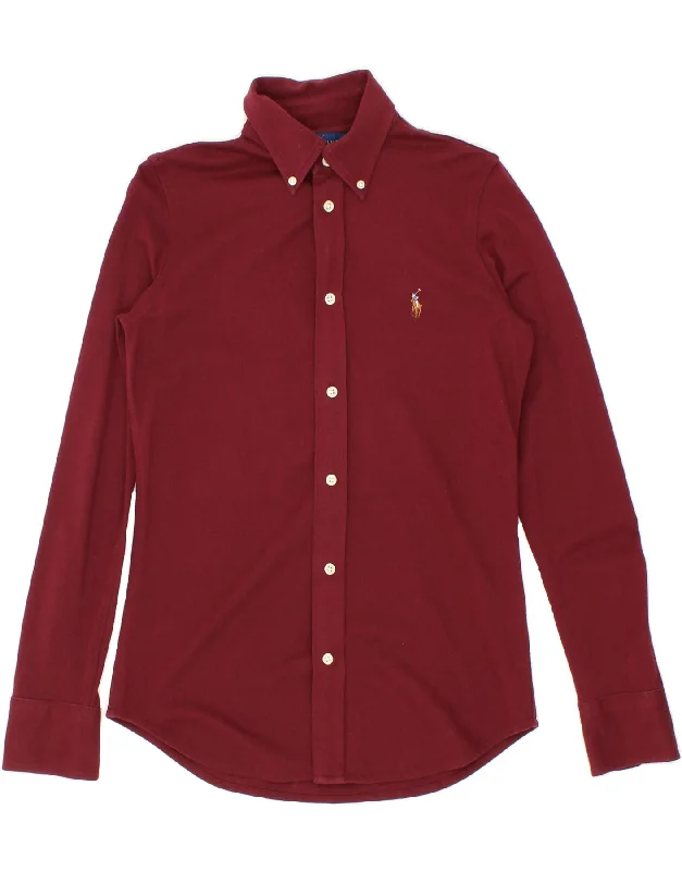 RALPH LAUREN Womens Knit Oxford Shirt UK 10 Small Burgundy Hooded Caped Shawl Collar