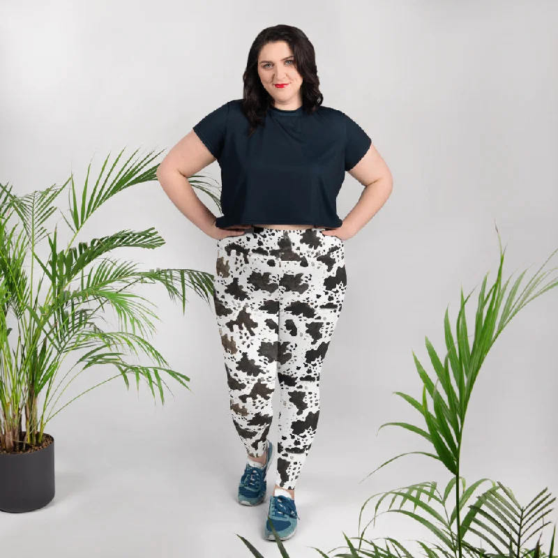 Cow Print Plus Size Leggings, Women's Workout Fitness Sports Yoga Pants Long Tights Fashionable Leather-Look Leggings