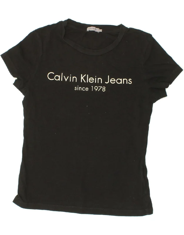 CALVIN KLEIN JEANS Womens Graphic T-Shirt Top UK 10 Small Black Spandex Blend Rayon Blend Denim Blend